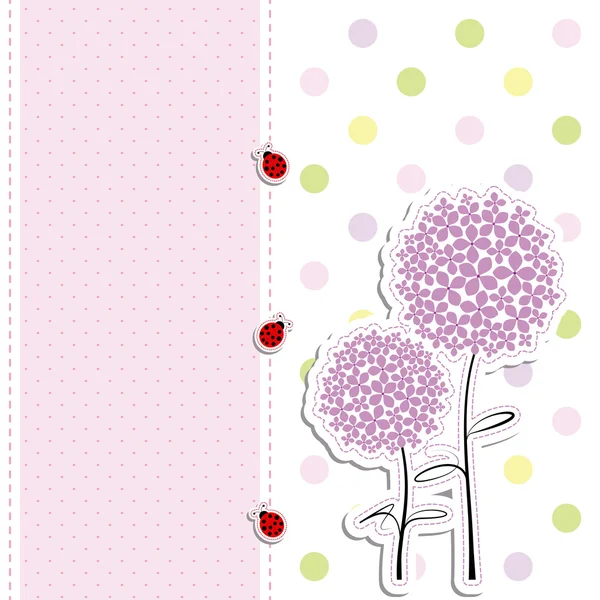 Kort design lila blomma, nyckelpiga på polka dot bakgrund — Stock vektor