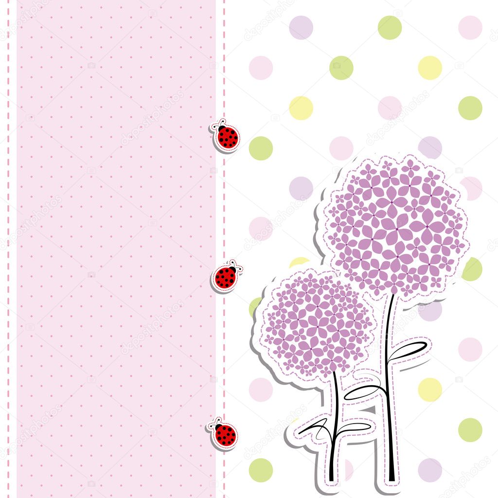 Card design purple flower,ladybird on polka dot background