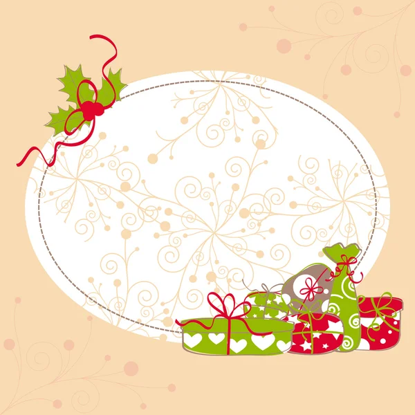 Tarjeta de felicitación navideña hoja de acebo y regalo colorido — Vector de stock