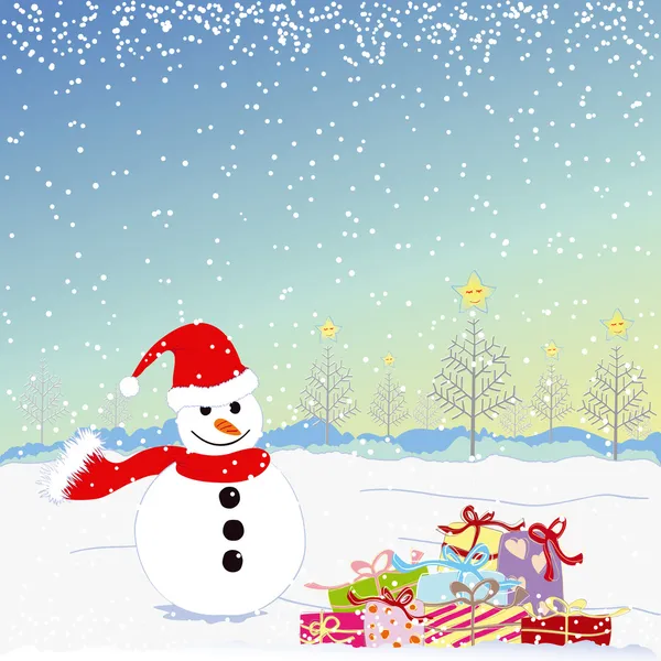 Natale saluto pupazzo di neve e regalo colorato — Vettoriale Stock