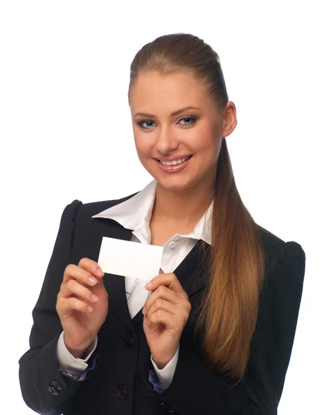 Woman manager with a business card — Stock Photo, Image