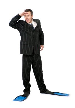 Man in a business suit and flippers for swimming clipart