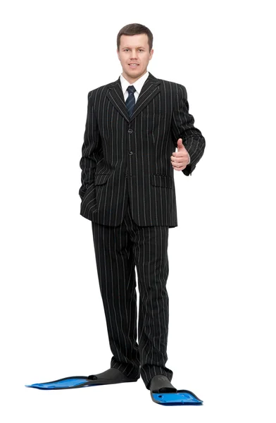 Man in a business suit and flippers for swimming — Stock Photo, Image