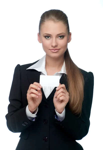Woman with a business card — Stock Photo, Image