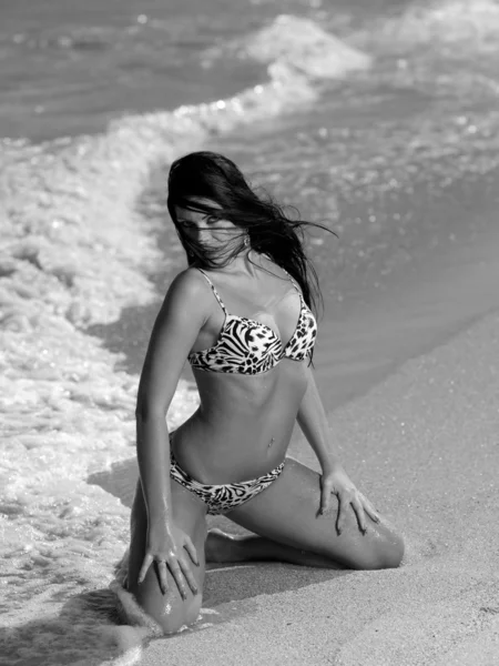 Женщина стоит на пляже — стоковое фото