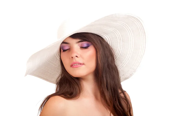 Vrouw in een witte hoed — Stockfoto