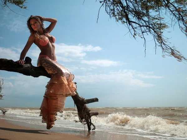 Žena v exotické šaty sedí na větvi — Stock fotografie