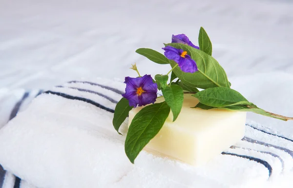 Beautiful violet flowers and soap — Stock Photo, Image