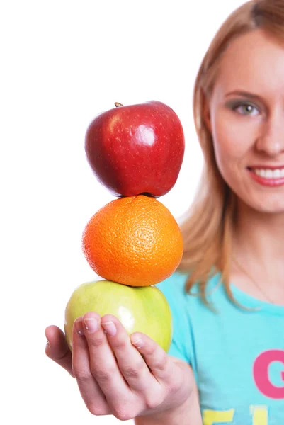 The girl holds on a palm a green and red apple — Stock Photo, Image