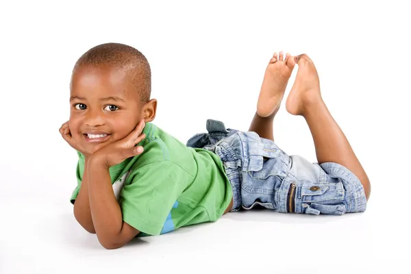 Adorable 3 year old black or African American boy with a big smile — Stock Photo, Image