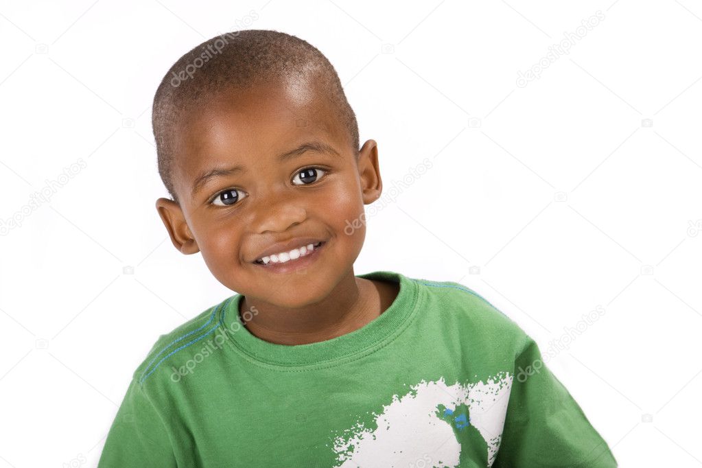 Cute happy 3 year old black or African American boy smiling