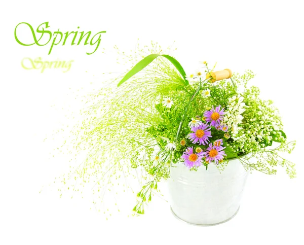 Bucket of fresh spring wild flowers — Stock Photo, Image