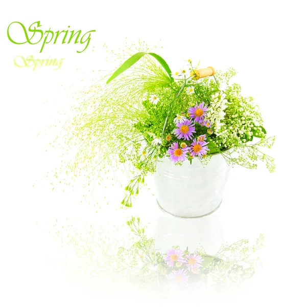 Bucket of fresh spring wild flowers — Stock Photo, Image