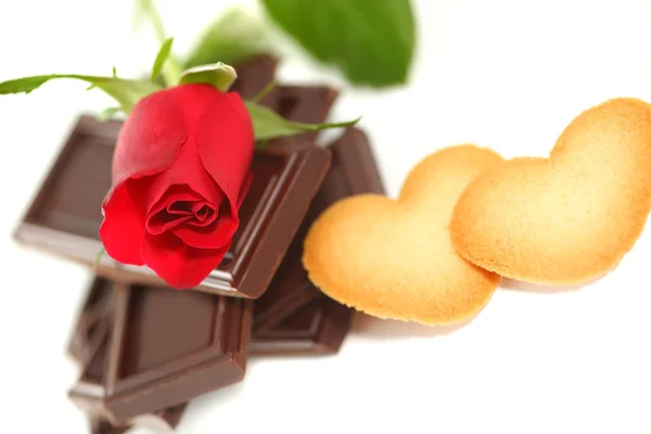 Röd ros med choklad & cookie — Stockfoto