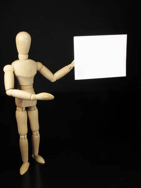 Humanoid doll with black background and white sign to write thin — Stock Photo, Image