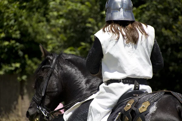 Cavaleiro medieval em seu cavalo galopando — Fotografia de Stock