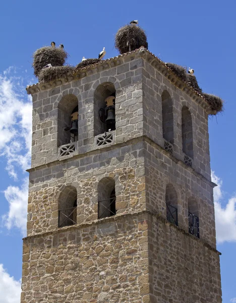 Wieża kościoła w manzanares el real z bocianami — Zdjęcie stockowe