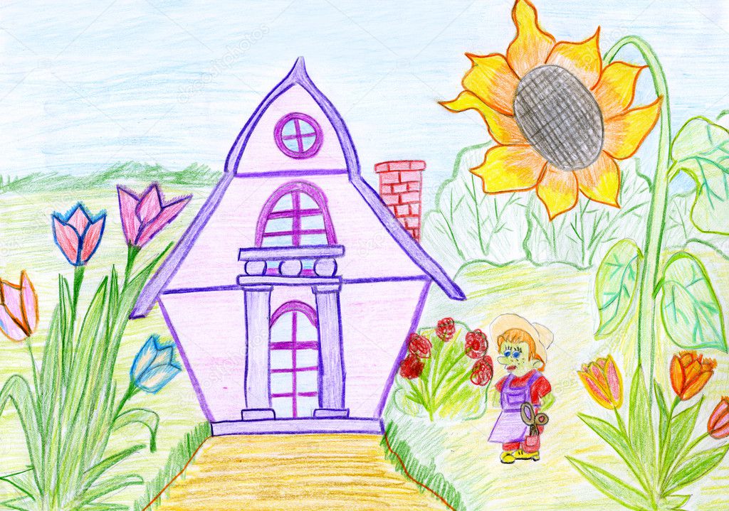 Rysunek Dziecka Z Domu I Mały Człowiek Zdjęcie Stockowe