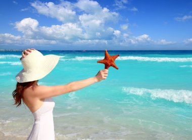 Beach hat woman starfish in hand tropical Caribbean clipart