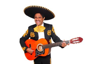 Charro mexican Mariachi playing guitar on white clipart