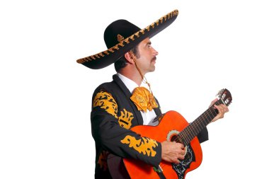 Charro mexican Mariachi playing guitar on white clipart