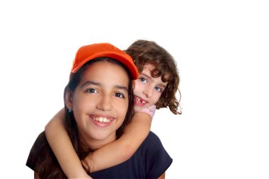 Beautiful Latin teen hispanic girl with little friend smiling clipart