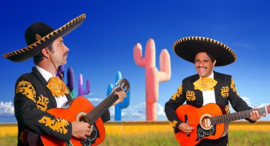 Mexican mariachi charro playing guitar in cactus clipart