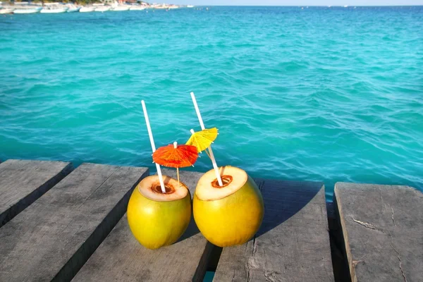Coconut coktails in caribbean on wood pier — Stock Photo, Image