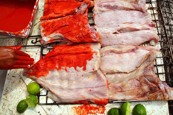 Grilled fish fillet red achiote sauce tikinchik — Stock Photo, Image