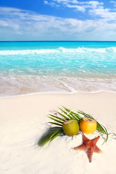 Suco de coquetéis de coco e estrela do mar na praia tropical — Fotografia de Stock