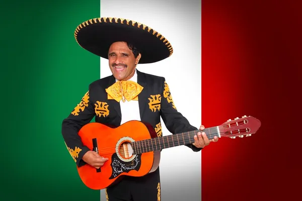 Charro Mariachi spielt Gitarre in mexikanischer Flagge — Stockfoto