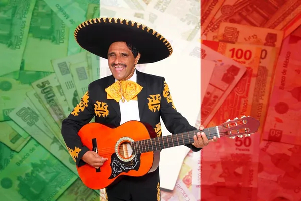 Charro Mariachi spielt Gitarre mexikanische Peso-Noten — Stockfoto