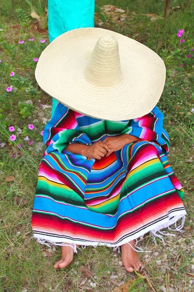Messicano pigro sombrero cappello uomo poncho pisolino giardino — Foto Stock