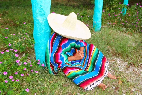 Messicano pigro sombrero cappello uomo poncho pisolino giardino — Foto Stock