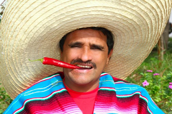 Człowiek z Meksyku Ponczo Meksykańskimi jedzenie red hot chili — Zdjęcie stockowe