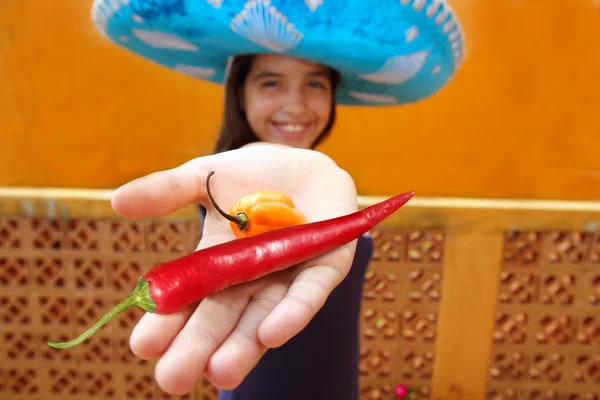 Mexican girl habanero and red hot chili pepper — Stock Photo, Image