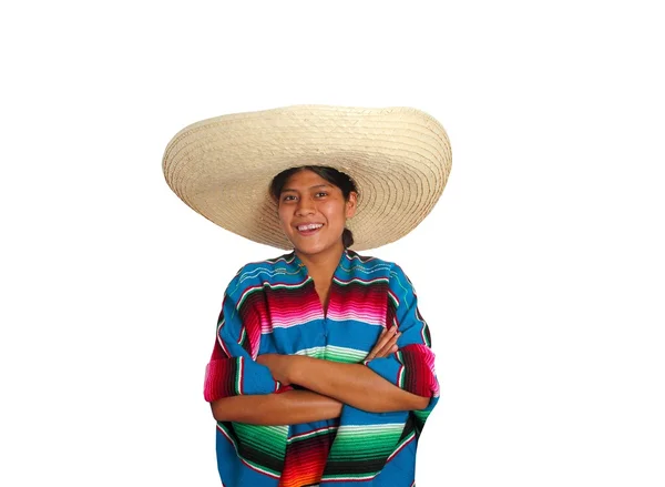 Λατινική γυναίκα ΠΟΝΤΣΟ Μεξικού Ισπανόφωνος σομπρέρο — Φωτογραφία Αρχείου