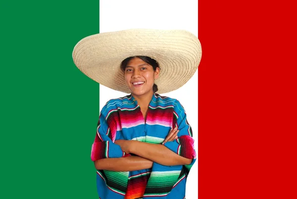 ラテン語メキシコのヒスパニック ソンブレロ ポンチョ女性 — ストック写真