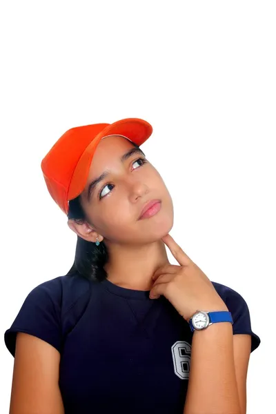 Latin teen hispanic pensive girl orange cap — Stock Photo, Image