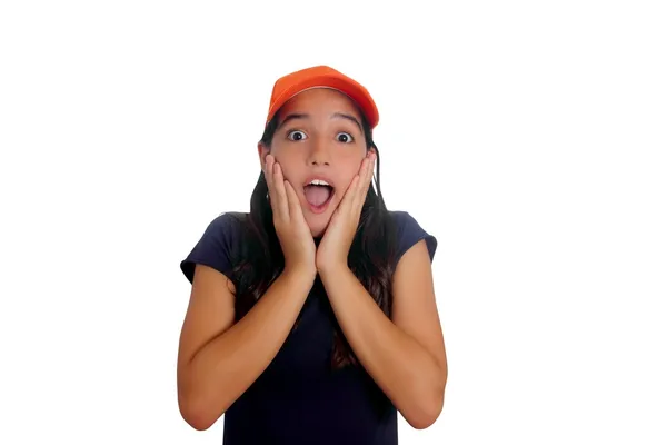 Hermoso latino adolescente hispano chica gorra sorpresa gesto —  Fotos de Stock
