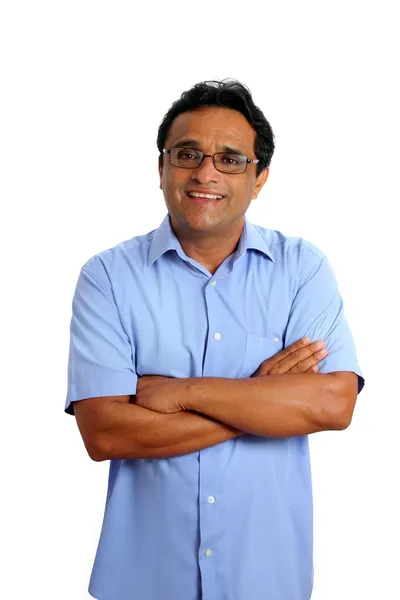 Ινδική Λατινική επιχειρηματίας γυαλιά μπλε πουκάμισο σε λευκό — Φωτογραφία Αρχείου