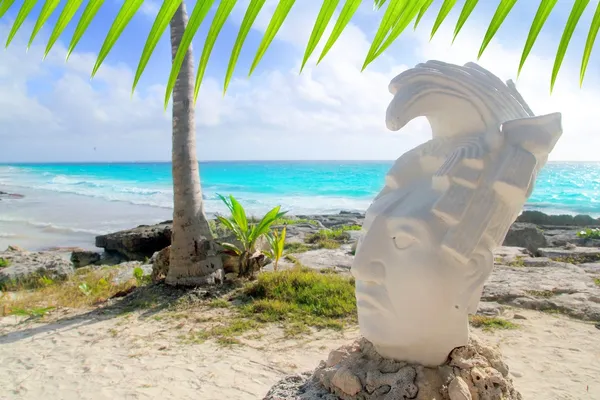 stock image Caribbean Tulum Mexico beach mayan face statue