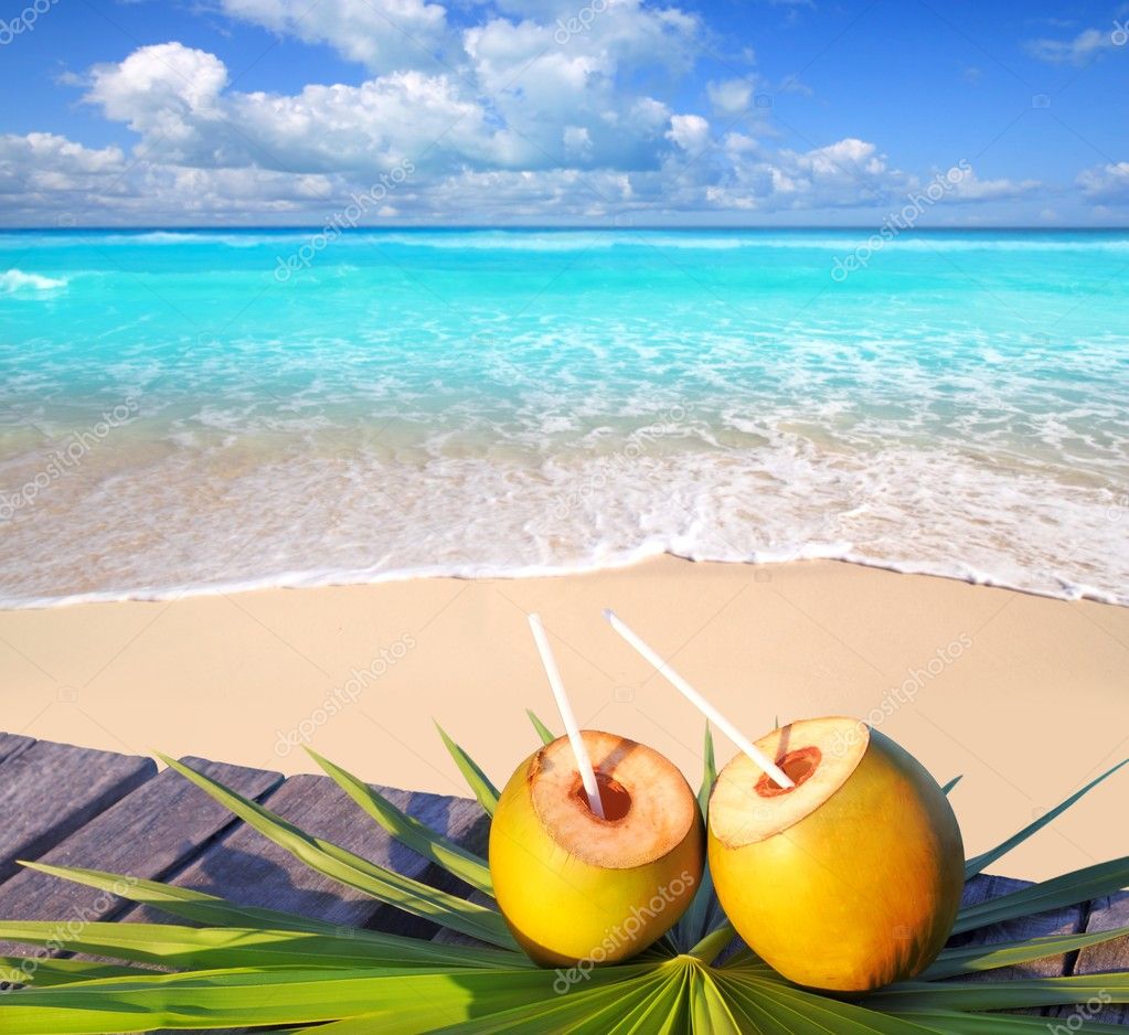 Caribbean paradise beach coconuts cocktail palm trees