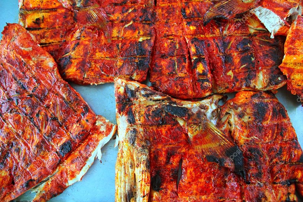 Grilled amberjack fish achiote tikinchick Mayan sauce — Stock Photo ...