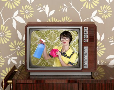 Ad tvl retro nerd housewife cleaning chores clipart