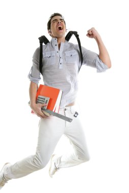 Happy student jump with college stuff in hand clipart