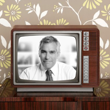 Senoir tv presenter in retro wood television clipart