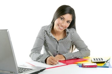 Beautiful secretary businesswoman writing on desk clipart