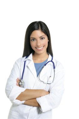 Berautiful brunette indian young happy doctor woman clipart