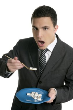 Businessman eating risk, domino metaphor clipart